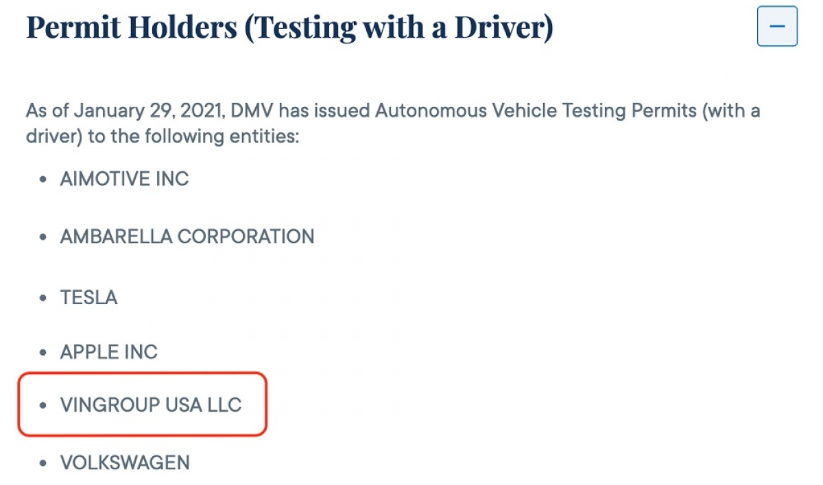 Компания «Vingroup USA LLC» внесена в список на получение сертификатов испытаний на электроавтомобиля с системой автоматического управления 29 января 2021 года.