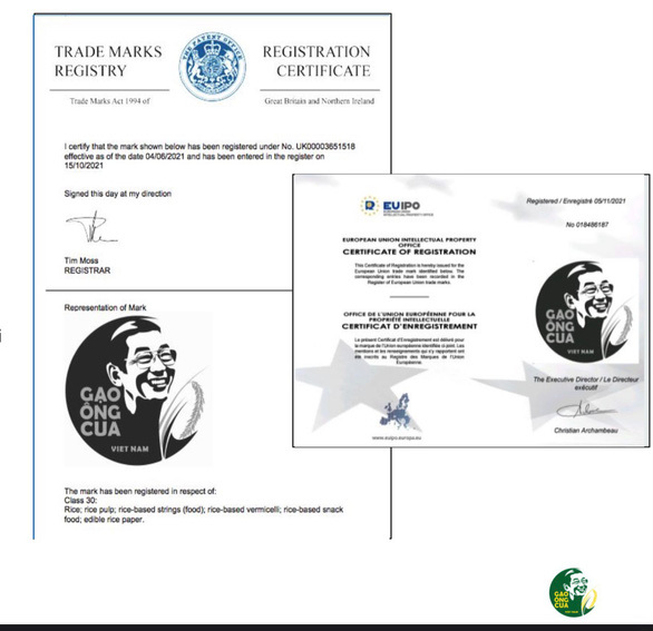 Регистрационные свидетельства Gao Ong Cua в Великобритании и ЕС. Фото: Хо Куанг Куа