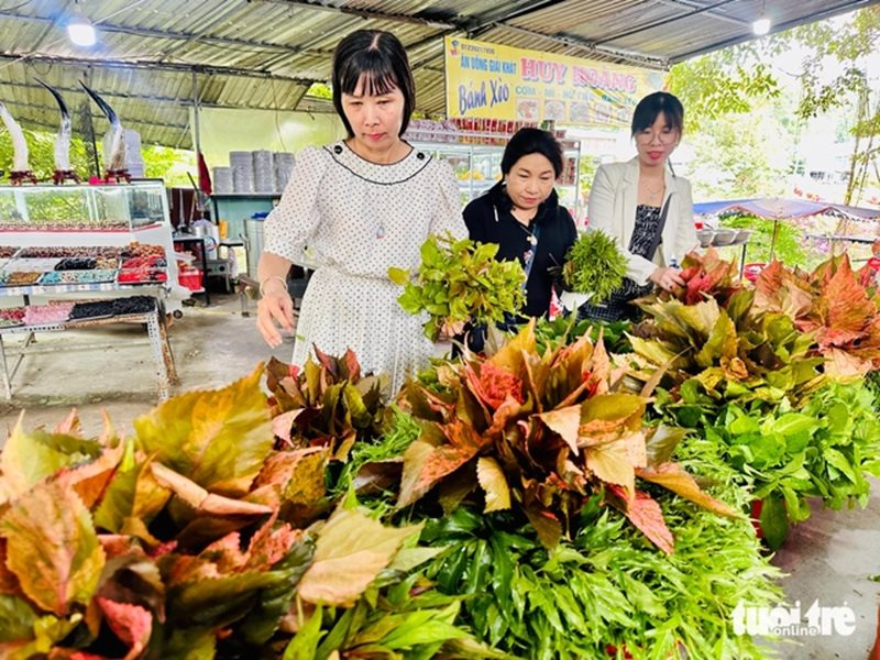 Посетители выбирают свежую дикую зелень в закусочной banh xeo на горе Кам в провинции Ан Джанг, южный Вьетнам.