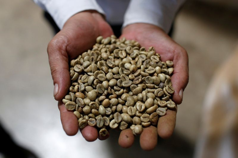 Рабочий показывает кофейные зерна в кофейной компании Simexco Dak Lak Limited в городе Зи Ан, провинция Бинь Зыонг, Вьетнам. Фото: Reuters