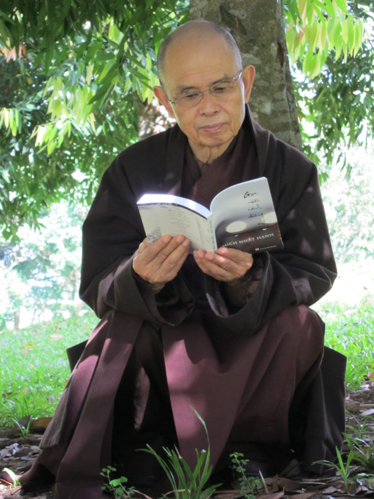 Тхить Нят Хань рецензирует одну из своих недавно опубликованных книг в 2011 году.Он написал более 120 книг стихов, художественной литературы, переводов сутр о буддийских практиках и медитации. Фото сообщества приверженцев буддизма Plum Village.