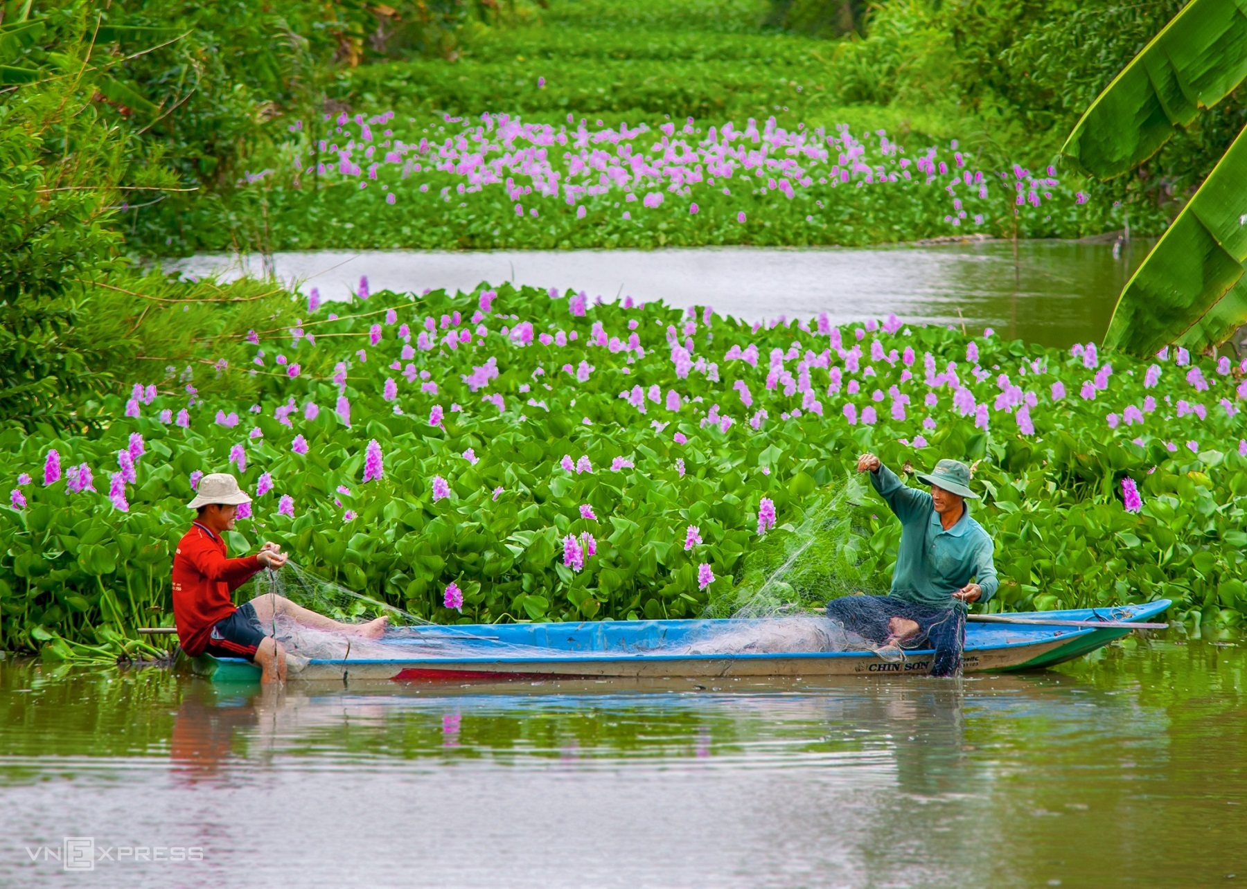 Двое мужчин ловят рыбу на фоне разноцветных водных гиацинтов в районе Ви Тхюи.