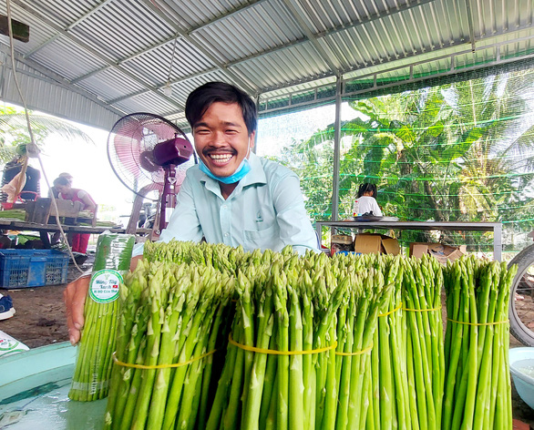 Бо с гордостью представляет выращенную им спаржу на местном рынке. Фото: Chi Cong / Tuoi Tre